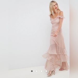 ASOS DESIGN cami dobby bardot ruffle fishtail maxi dress